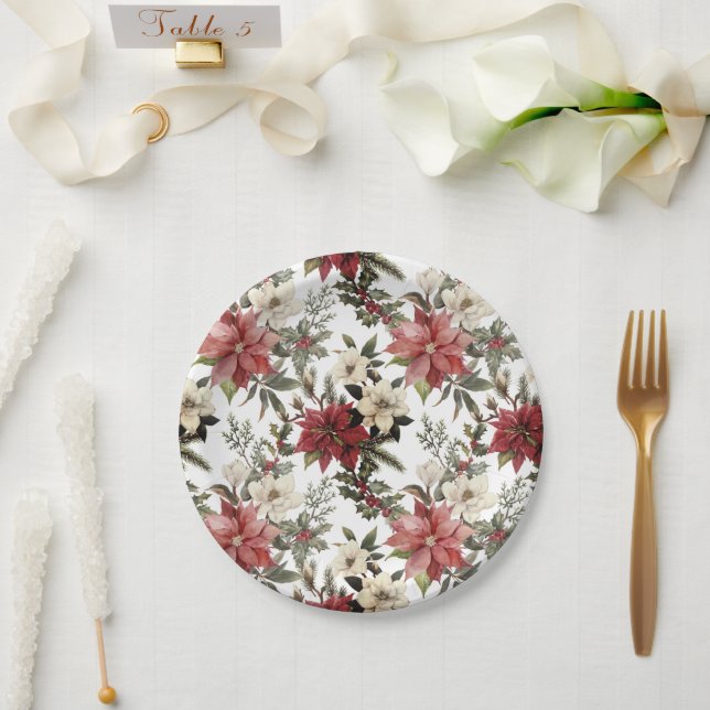 Floral Elegant Watercolor Merry Christmas Paper Plate (Wedding)