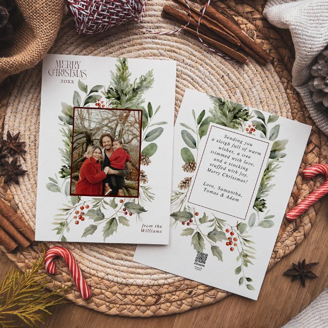 Floral Elegant Watercolor Merry Christmas Photo Holiday Card (Creator Uploaded)