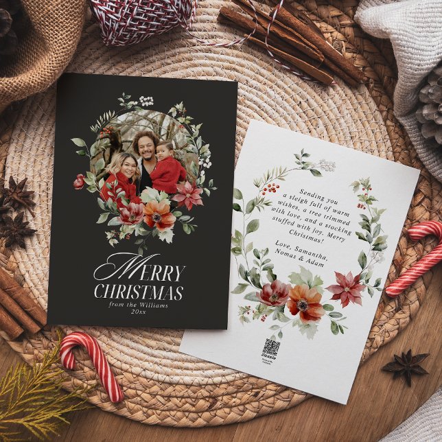 Floral Elegant Watercolor Merry Christmas Photo Holiday Card (Creator Uploaded)