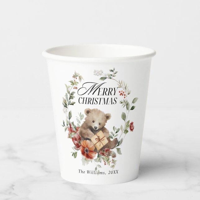 Floral Elegant Watercolor Merry Christmas Wishes Paper Cups (Front)