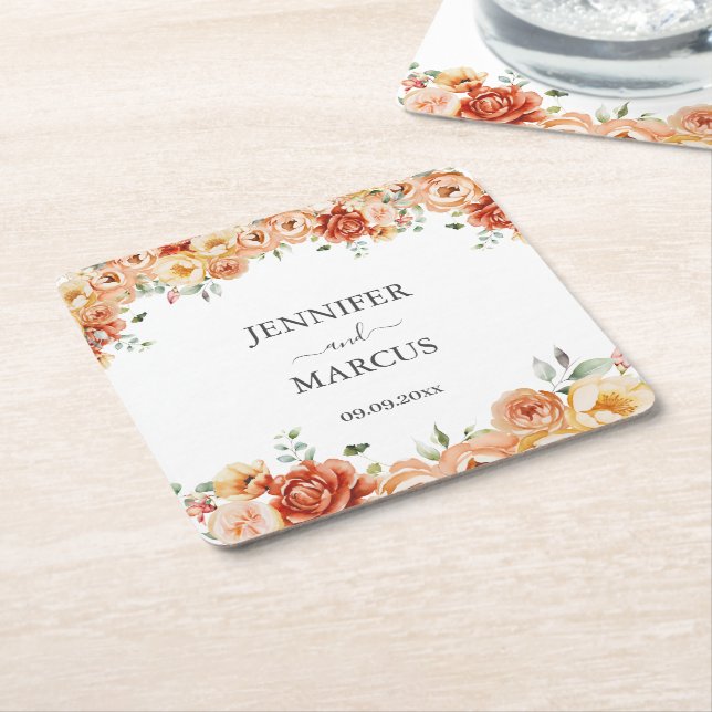 Floral Elegant Wedding Paper Coaster (Angled)