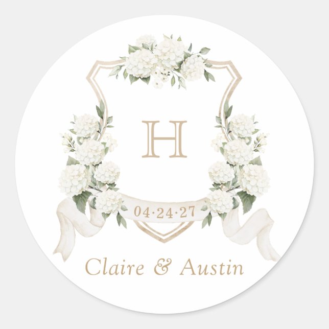 Floral Elegant White Hydrangea Crest Envelope Classic Round Sticker (Front)