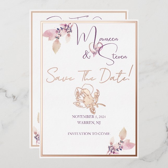 Floral Elegant White Save The Date Foil Card (Front/Back)
