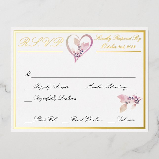 Floral Elegant White Wedding RSVP Gold Foil Invitation Postcard (Front)