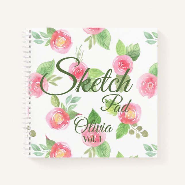 Floral Elegant Your Name Script Pink Roses Sketch Notebook (Front)