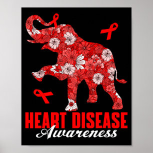 Floral Elephant &amp; Red Ribbon Heart Disease Awa Poster