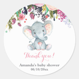 Floral Elephant Baby Shower Blue Thank You Favor Classic Round Sticker