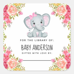 Floral Elephant Baby Shower Bookplate  Square Sticker