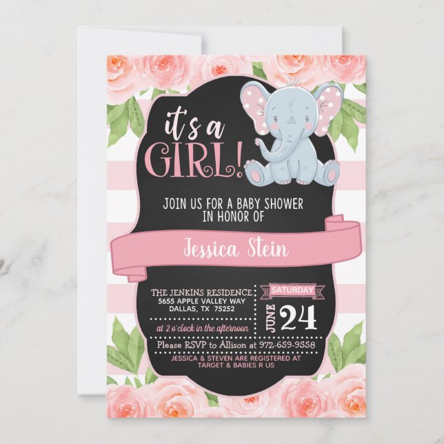 Floral Elephant Baby Shower Invitation - Girl (Front)