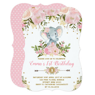 Floral Elephant Birthday Invitation Pink & Gold