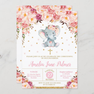 Floral Elephant Christening Baptism Girl Invitation
