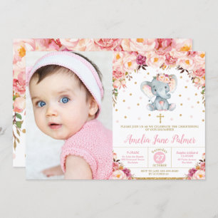 Floral Elephant Christening Baptism Girl Photo Invitation