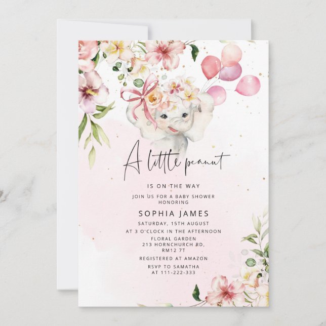 Floral Elephant girl baby shower Invitation (Front)