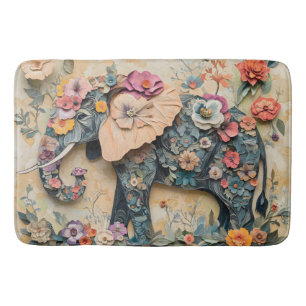 Floral Elephant Illustration Bath Mat
