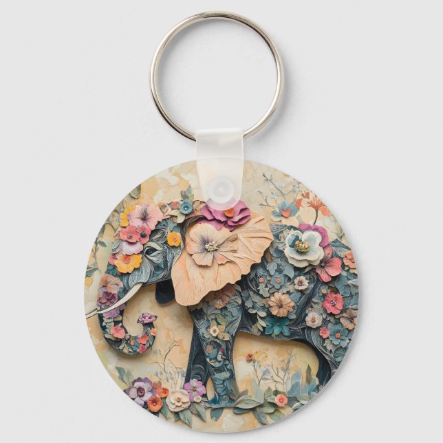Floral Elephant Illustration Key Ring (Front)