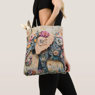 Floral Elephant Illustration Tote Bag