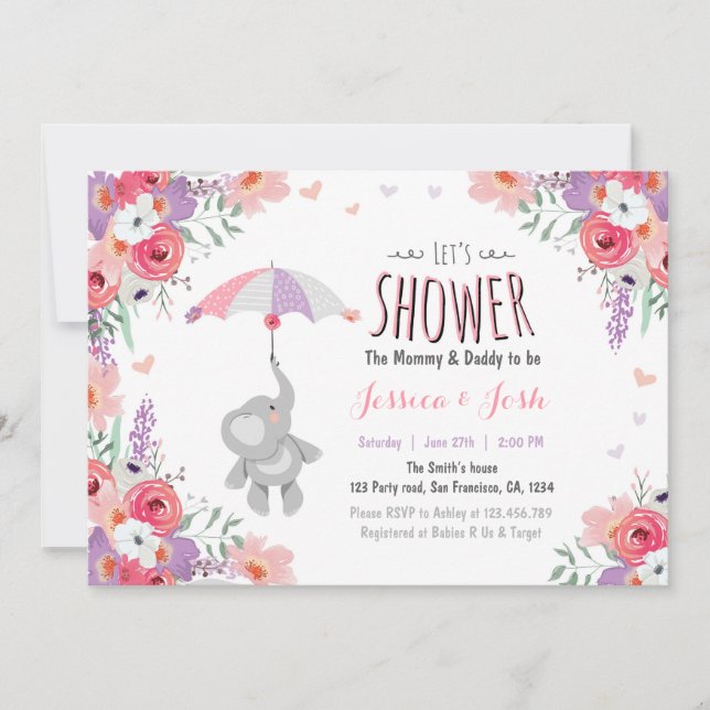 Floral Elephant Invitation baby shower Girl Pink (Front)
