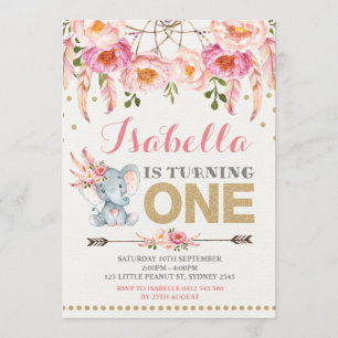 Floral Elephant Invitation Pink Gold Boho Birthday