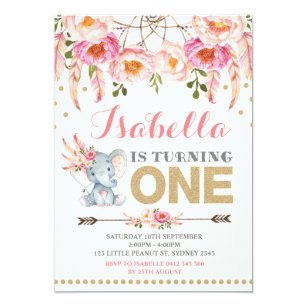 Floral Elephant Invitation Pink Gold Boho Birthday