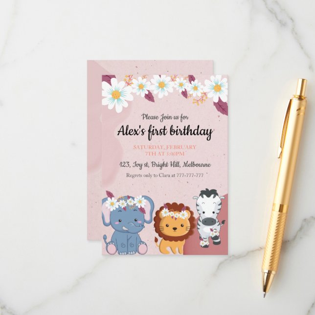 Floral Elephant Lion Zebra 1st Birthday invitation (Front/Back In Situ)