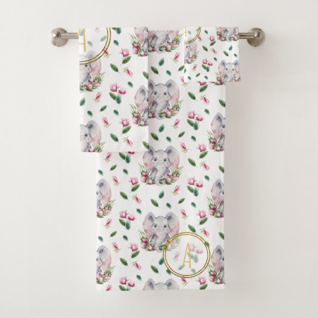 Floral ELEPHANT Monogram Girl Pink Bedroom Nursery Bath Towel Set (Insitu)