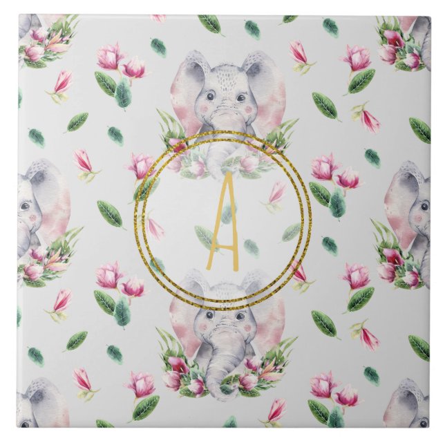 Floral ELEPHANT Monogram Girl Pink Bedroom Nursery Ceramic Tile (Front)