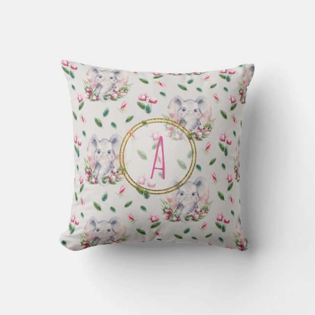 Floral ELEPHANT Monogram Girl Pink Bedroom Nursery Cushion (Front)