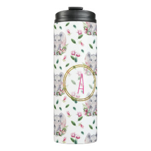 Floral ELEPHANT Monogram Girl Pink Bedroom Nursery Thermal Tumbler