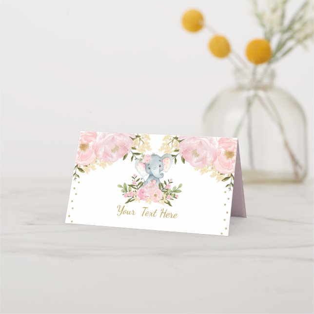 Floral Elephant Pink Gold 1st Birthday Baby Shower Place Card (Front)