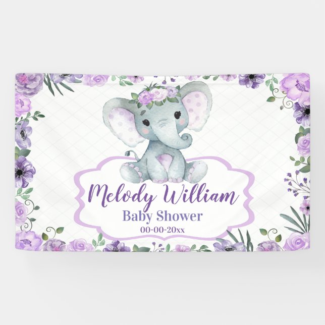 Floral Elephant Purple Sign Rustic Backdrop Shower (Horizontal)