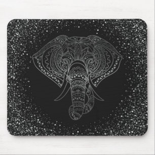 Floral Elephant Silver Glitter Tribal Office Gift Mouse Pad