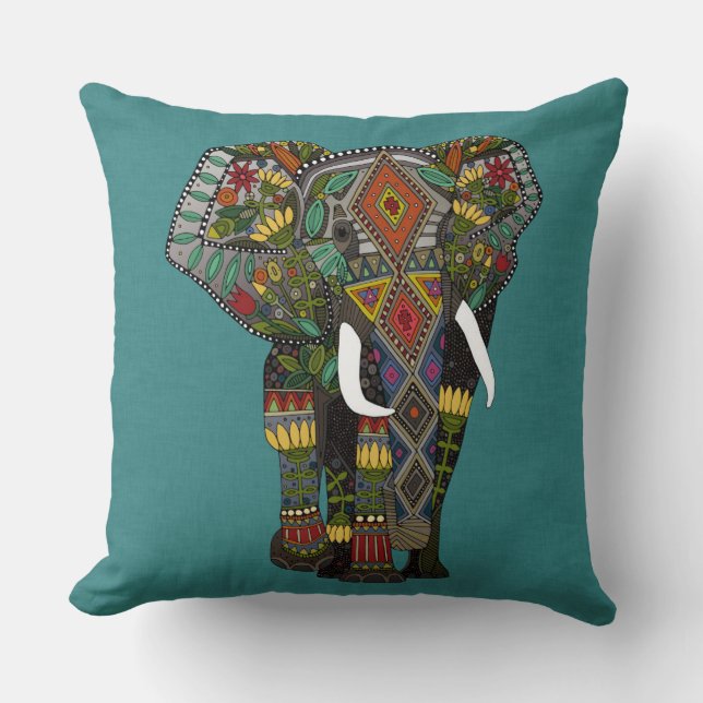 floral elephant teal cushion (Front)