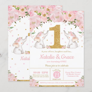 Floral Elephant Twin Girls 1st Birthday Party Invitation