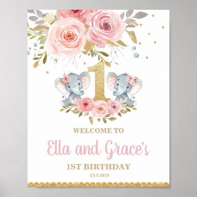 Floral Elephant Twin Girls 1st Birthday Welcome Poster (Front)