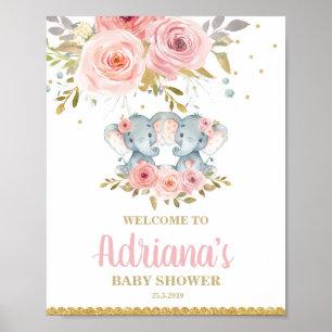Floral Elephant Twin Girls Baby Shower Welcome Poster