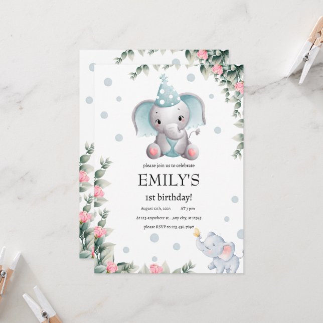Floral Elephant Wild One 1st birthday Girl  Invitation (Front/Back In Situ)