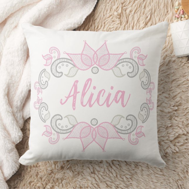 Floral Emblem Pink Flourish Customizable Name Cushion (Blanket)