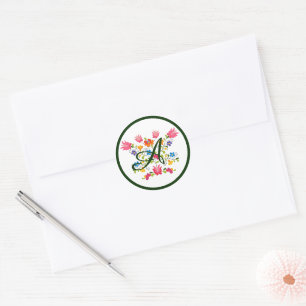Floral embroidery  monogram classic round sticker