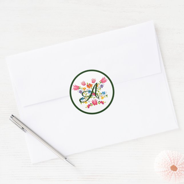 Floral embroidery  monogram classic round sticker (Envelope)