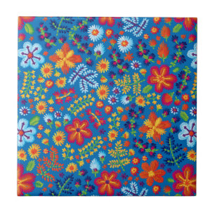 Floral Embroidery Pattern Ceramic Tile