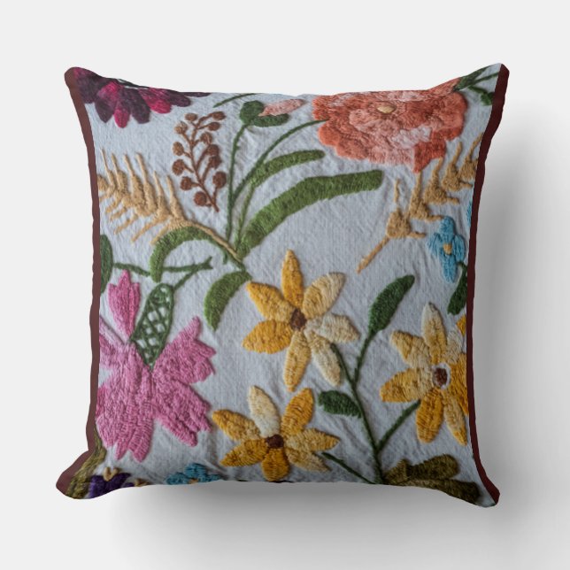 Floral Embroidery Pattern with Beautiful Flowers  Cushion (Front)