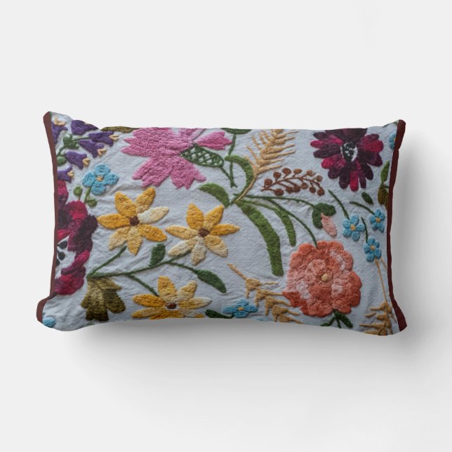 Floral Embroidery Pattern with Beautiful Flowers Lumbar Cushion (Front)