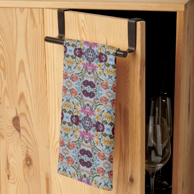Floral Embroidery Pattern with Beautiful Flowers   Tea Towel (Thirds Fold)