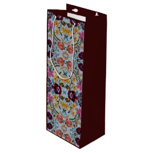 Floral Embroidery Pattern with Beautiful Flowers   Wine Gift Bag