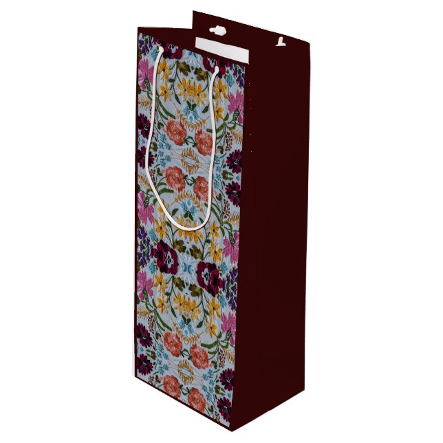 Floral Embroidery Pattern with Beautiful Flowers   Wine Gift Bag (Front Angled)