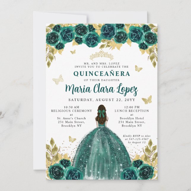 Floral Emerald Gold Butterfly Princess Quinceanera Invitation (Front)