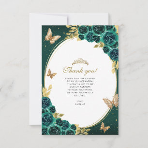 Floral Emerald Gold Butterfly Quinceañera Photo Card