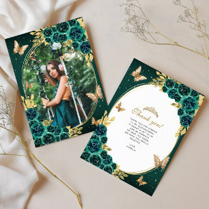 Floral Emerald Gold Butterfly Quinceañera Photo Thank You Card