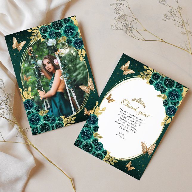 Floral Emerald Gold Butterfly Quinceañera Photo Thank You Card (Creator Uploaded)