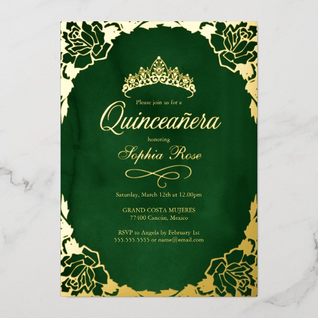 Floral Emerald Gold Crown Quinceanera  (Front)